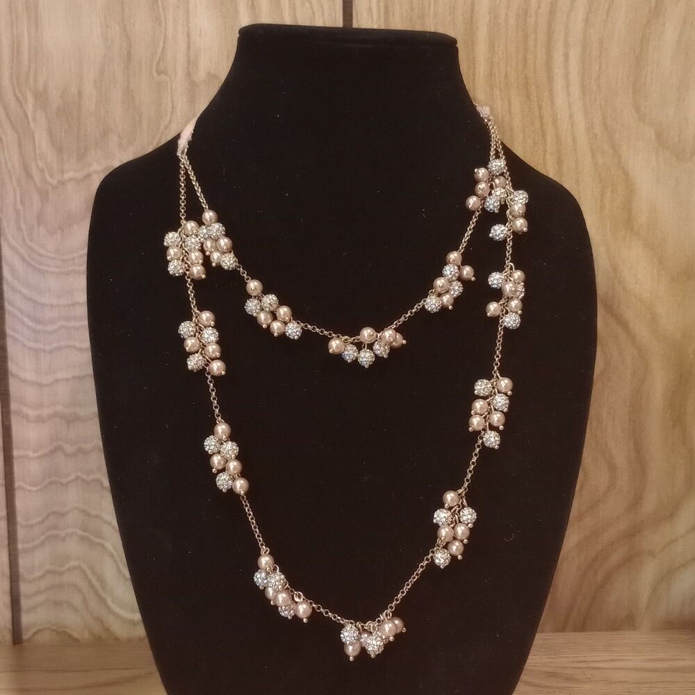 Faux Pearl Rhinestone Cluster 2 Strand Silver Tone 14-54" Ribbon Chain Necklace